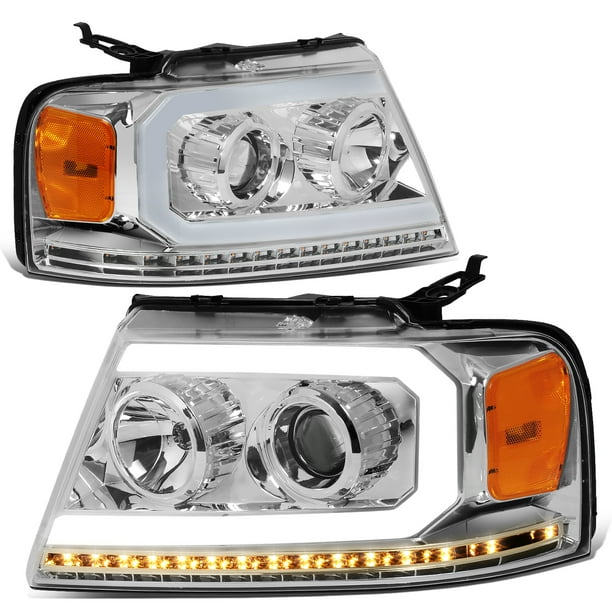 DNA Motoring HL-LED-F15004-CH-AM Chrome Amber Corner Headlights With LED Light Bar Replacement For 04-08 F150 Mark LT 